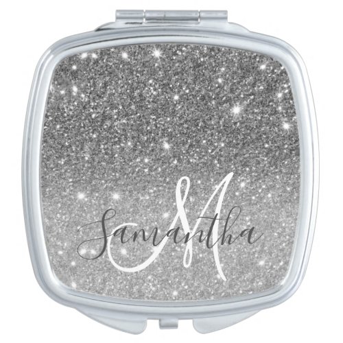 Modern Grey Glitter Sparkles Personalized Name Compact Mirror