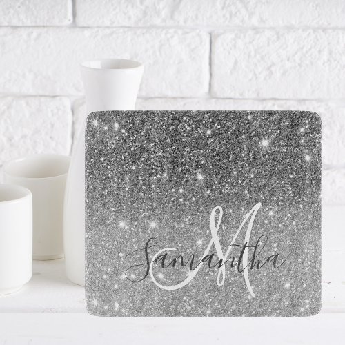 Modern Grey Glitter Sparkles Personalized Name Cutting Board