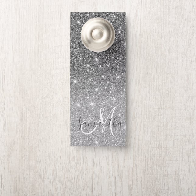 Modern Grey Glitter Sparkles Personalized Name Door Hanger (On Knob)