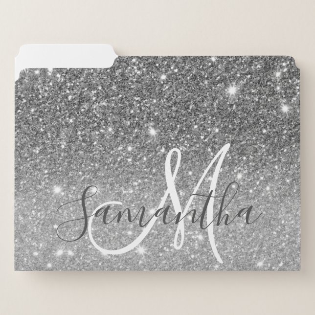 Modern Grey Glitter Sparkles Personalized Name File Folder (Front Left)