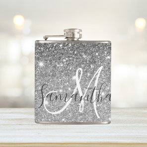 Modern Grey Glitter Sparkles Personalized Name Flask