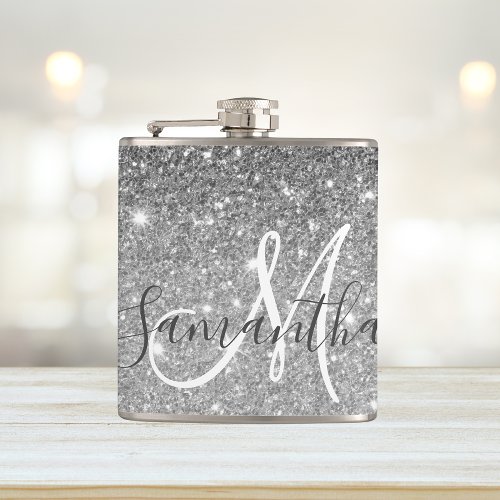 Modern Grey Glitter Sparkles Personalized Name Flask