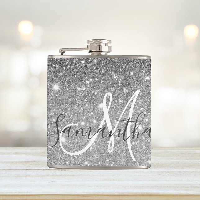Modern Grey Glitter Sparkles Personalized Name Flask (Creator Uploaded)