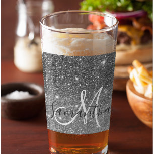 Modern Grey Glitter Sparkles Personalized Name Glass