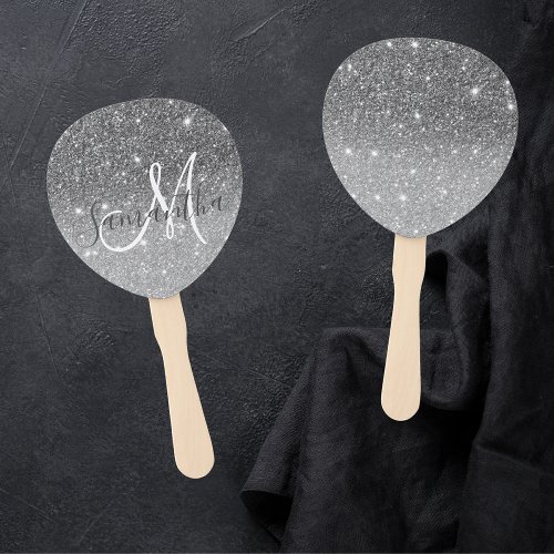 Modern Grey Glitter Sparkles Personalized Name Hand Fan