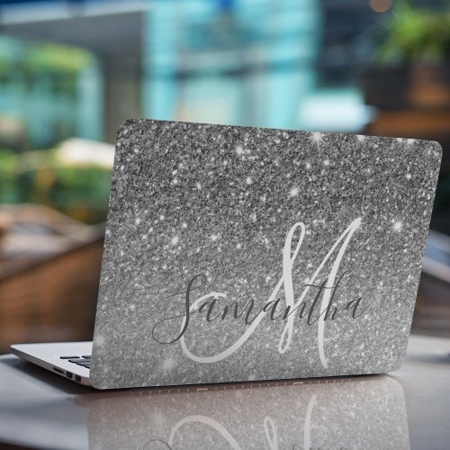 Modern Grey Glitter Sparkles Personalized Name HP Laptop Skin