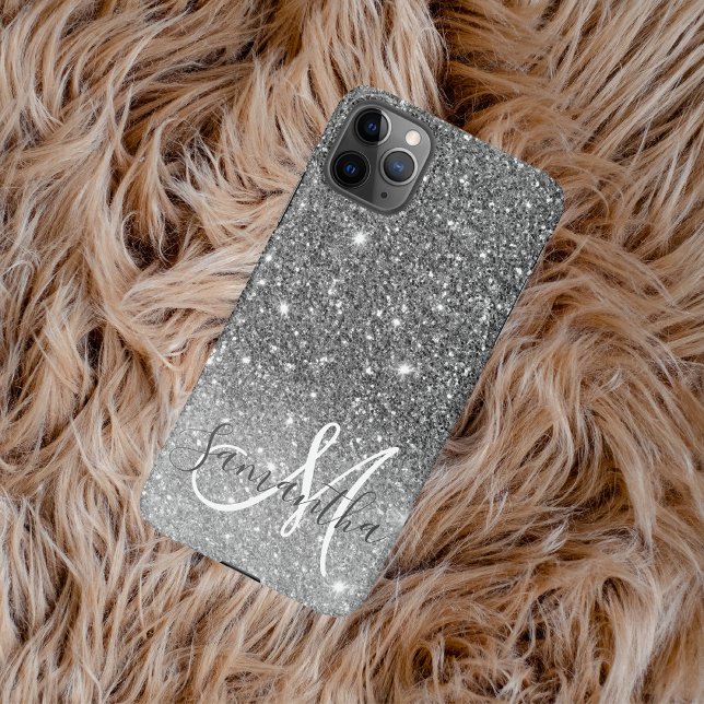 Modern Grey Glitter Sparkles Personalized Name iPhone Case (Creator Uploaded)