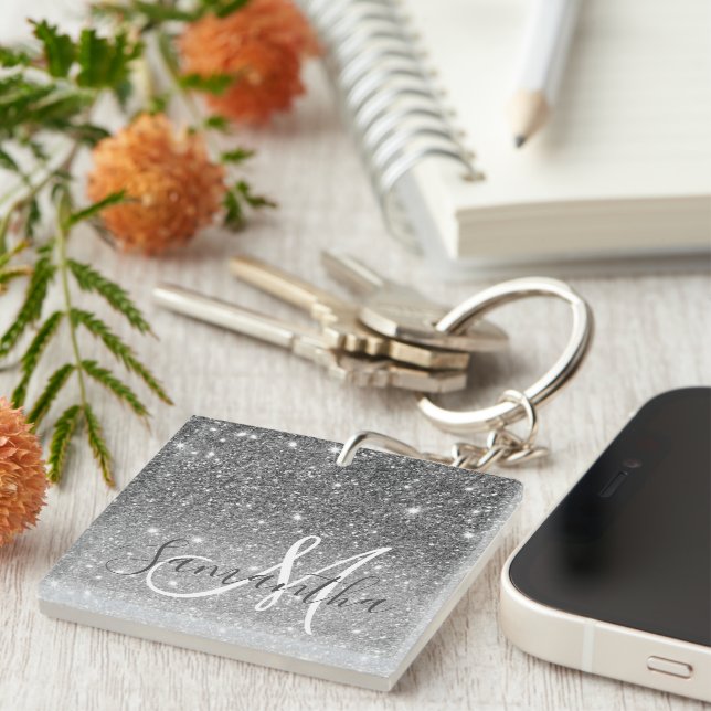 Modern Grey Glitter Sparkles Personalized Name Keychain (Front Right)