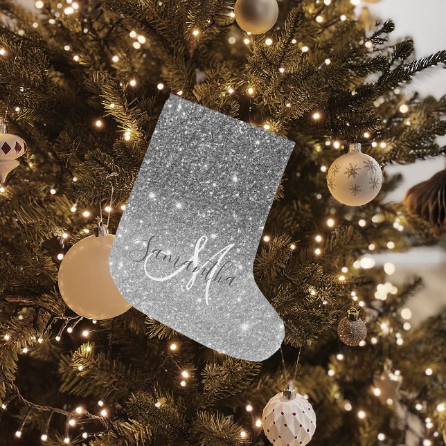 Modern Grey Glitter Sparkles Personalized Name Large Christmas Stocking (Creator Uploaded)
