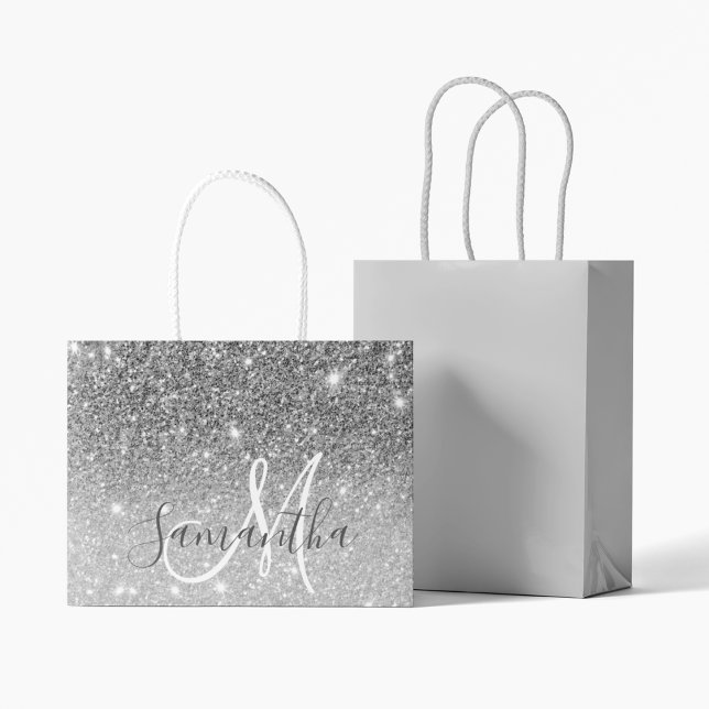 Modern Grey Glitter Sparkles Personalized Name Large Gift Bag (Creator Uploaded)
