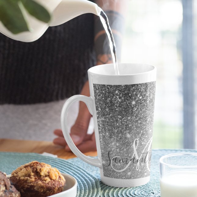 Modern Grey Glitter Sparkles Personalized Name Latte Mug (Creator Uploaded)