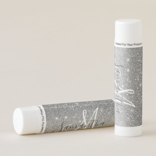Modern Grey Glitter Sparkles Personalized Name Lip Balm