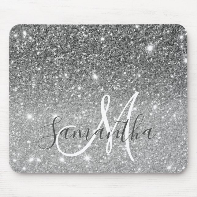 Modern Grey Glitter Sparkles Personalized Name Mouse Pad (Front)