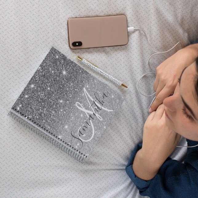 Modern Grey Glitter Sparkles Personalized Name Notebook (Creator Uploaded)