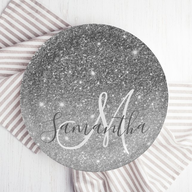 Modern Grey Glitter Sparkles Personalized Name Paper Plates (Creator Uploaded)