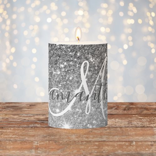 Modern Grey Glitter Sparkles Personalized Name Pillar Candle