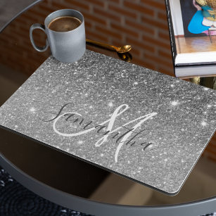 Modern Grey Glitter Sparkles Personalized Name Placemat