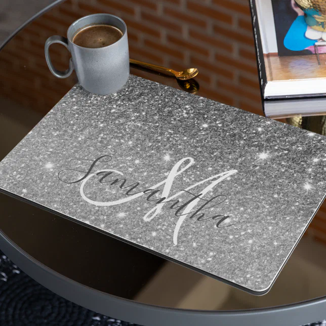 Modern Grey Glitter Sparkles Personalized Name Placemat Zazzle
