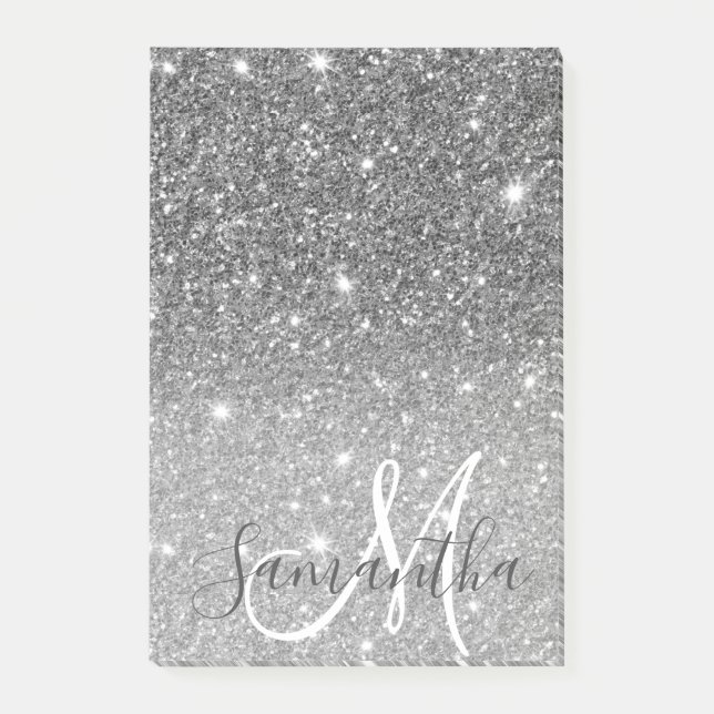 Modern Grey Glitter Sparkles Personalized Name Post-it Notes (Front)