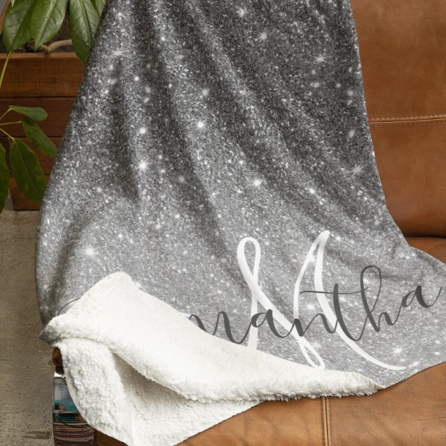 Modern Grey Glitter Sparkles Personalized Name Sherpa Blanket (Creator Uploaded)
