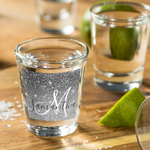 Modern Grey Glitter Sparkles Personalized Name Shot Glass