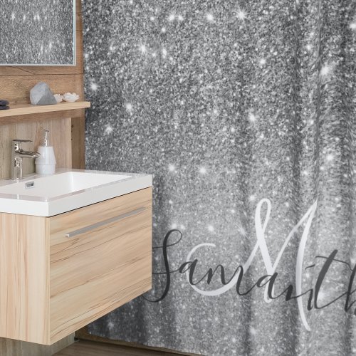 Modern Grey Glitter Sparkles Personalized Name Shower Curtain