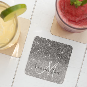 Modern Grey Glitter Sparkles Personalized Name Square Paper Coaster