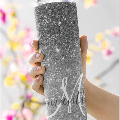 Modern Grey Glitter Sparkles Personalized Name Thermal Tumbler