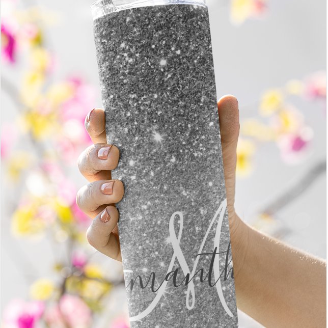 Modern Grey Glitter Sparkles Personalized Name Thermal Tumbler (Creator Uploaded)