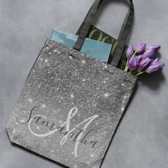 Modern Grey Glitter Sparkles Personalized Name Tote Bag (Creator Uploaded)
