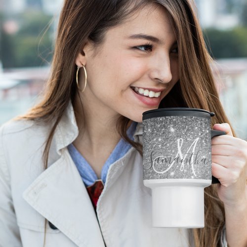 Modern Grey Glitter Sparkles Personalized Name Travel Mug
