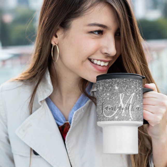 Modern Grey Glitter Sparkles Personalized Name Travel Mug (Creator Uploaded)