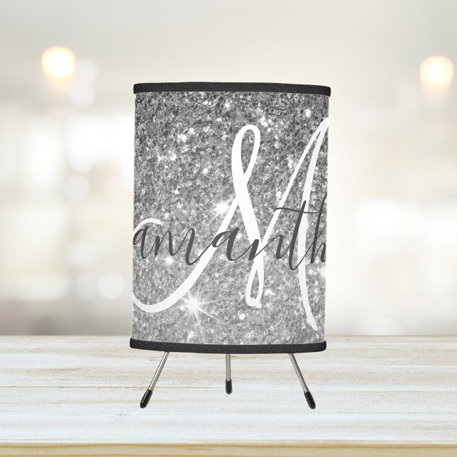 Modern Grey Glitter Sparkles Personalized Name Tripod Lamp (Creator Uploaded)