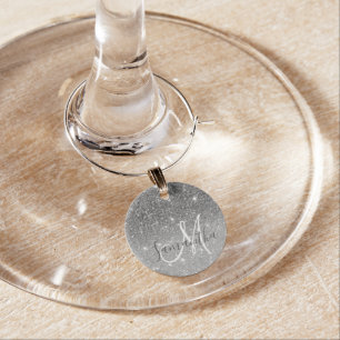 Modern Grey Glitter Sparkles Personalized Name Wine Charm