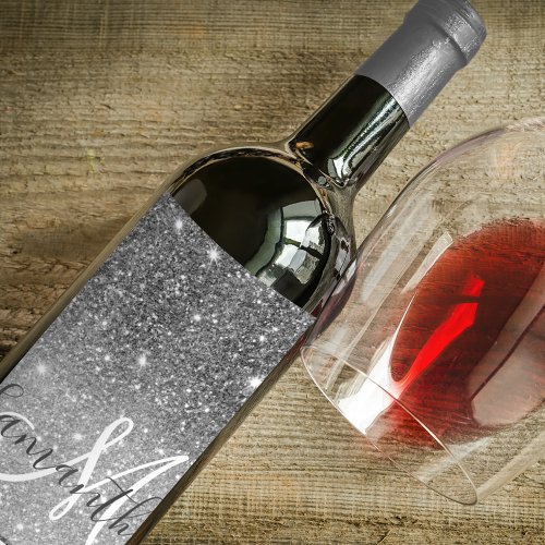 Modern Grey Glitter Sparkles Personalized Name Wine Label