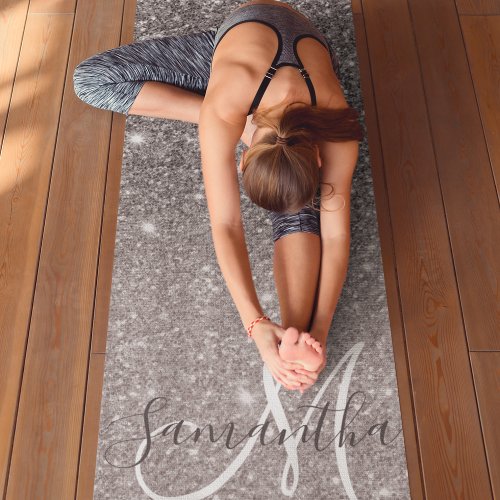 Modern Grey Glitter Sparkles Personalized Name Yoga Mat