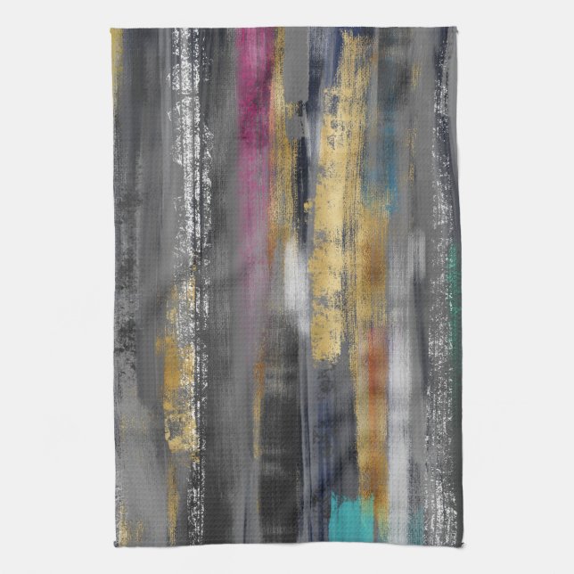 Modern Grey Gold Brushstrokes Abstract Painting Kitchen Towel (Vertical)