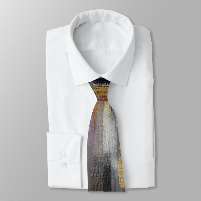 Modern Grey Gold Brushstrokes Abstract Painting Neck Tie (Tied)