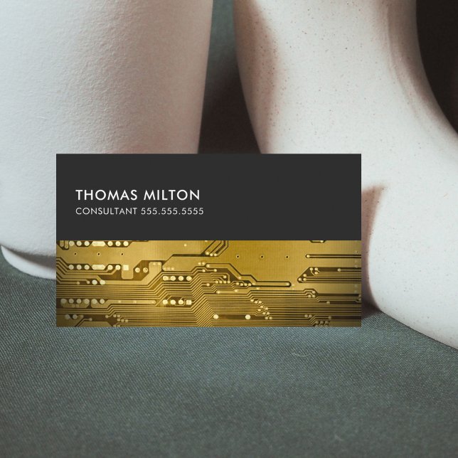 Modern Grey Gold Circuit Board Consultant Business Card (Creator Uploaded)