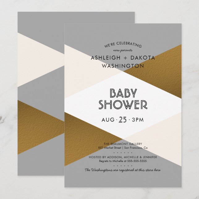 Modern Grey & Gold Geometric Baby Shower Invitation (Front/Back)