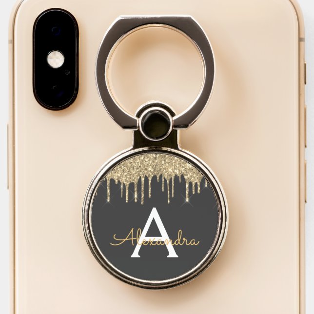 Modern Grey Gold Glitter Sparkle Monogram Phone Ring Stand (Close Up)