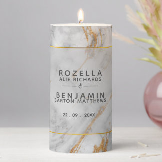 Modern Grey Gold Marble Agate & Gold Foil Wedding Pillar Candle
