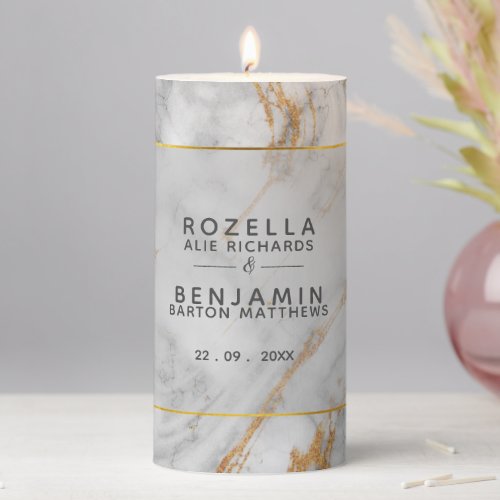 Modern Grey Gold Marble Agate  Gold Foil Wedding Pillar Candle