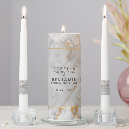 Modern Grey Gold Marble Agate  Gold Foil Wedding Unity Candle Set