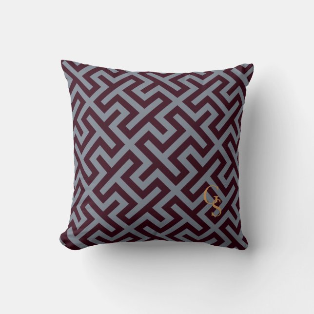 Modern grey greek key geometric patterns monogram throw pillow (Front)