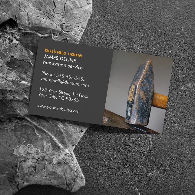 Modern Grey Hammer Handyman Service Business Card (Creator Uploaded)