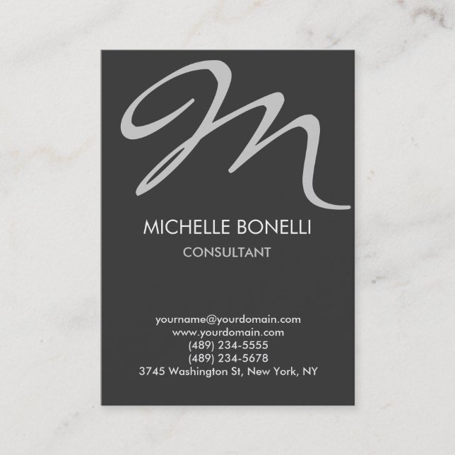 Modern grey handwriting monogram business card (Front)
