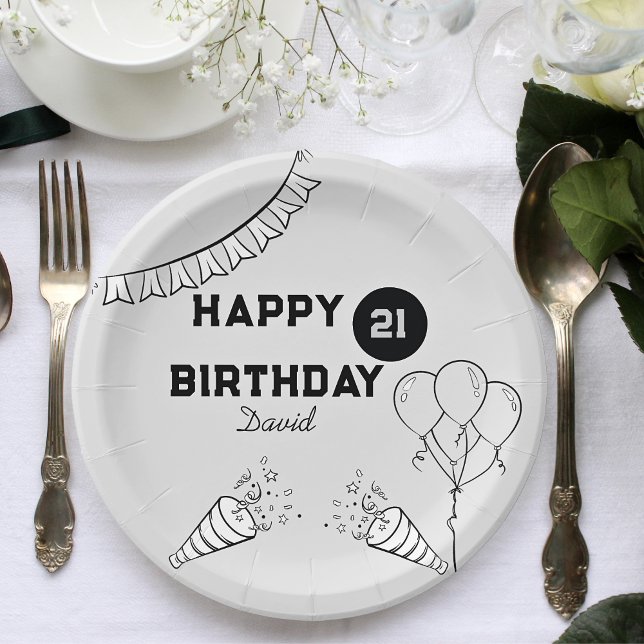 Modern Grey Happy Birthday Any year Custom  Paper Plates (Creator Uploaded)