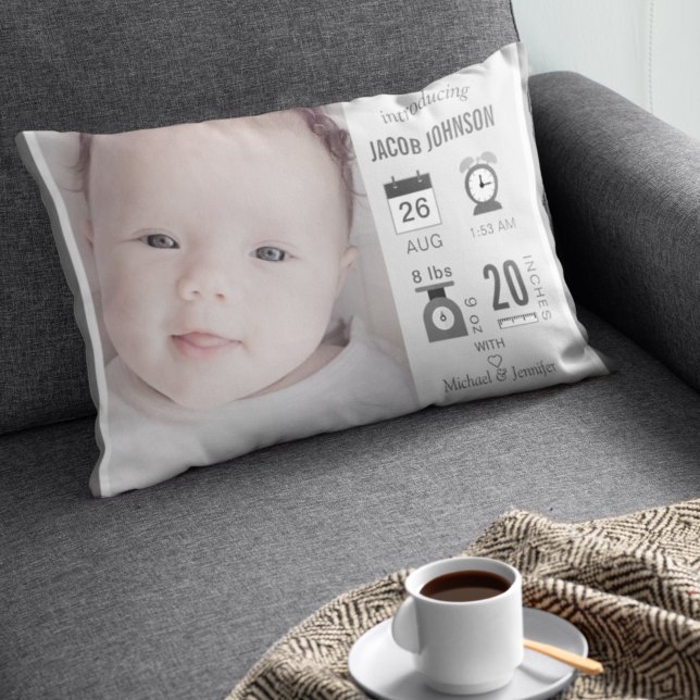 Modern Grey Infographic Baby Photo Birth Stats Accent Pillow (Creator Uploaded)