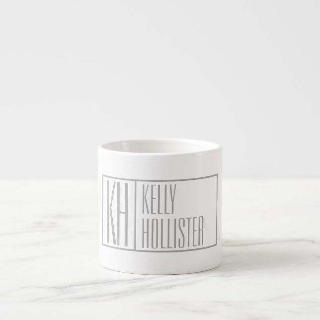 Modern Grey Initials & Name Logo Espresso Cup (Front)